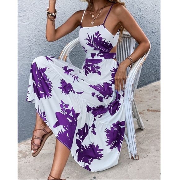 Boho blue white floral tropical print tie back maxi dress - Picture 6 of 14